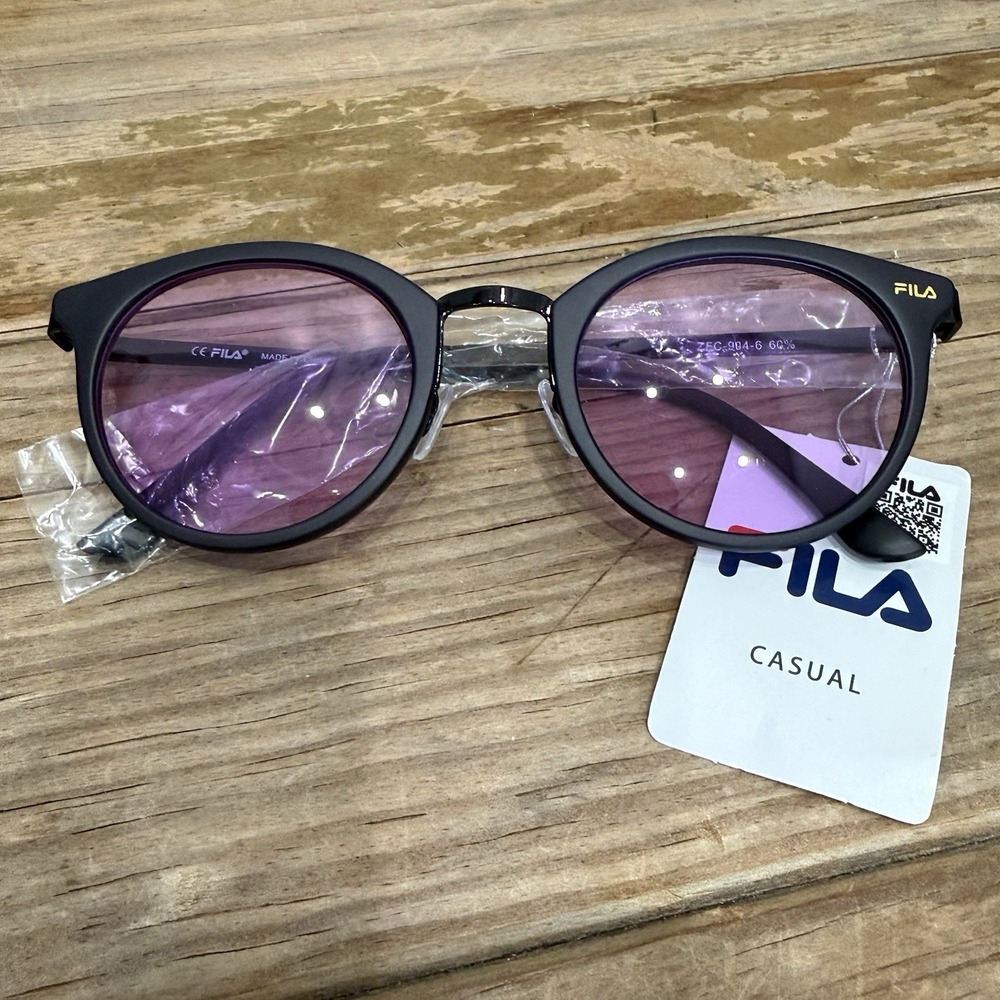 FILA Casual Round Sunglasses Black Frame Purple Tinted Lens NWT New With Tags
